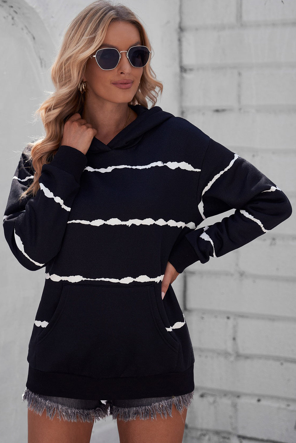 Striped Drop Shoulder Hoodie with Kangaroo Pocket