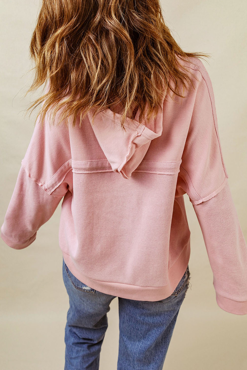 Quarter-Button Exposed Seam Dropped Shoulder Hoodie