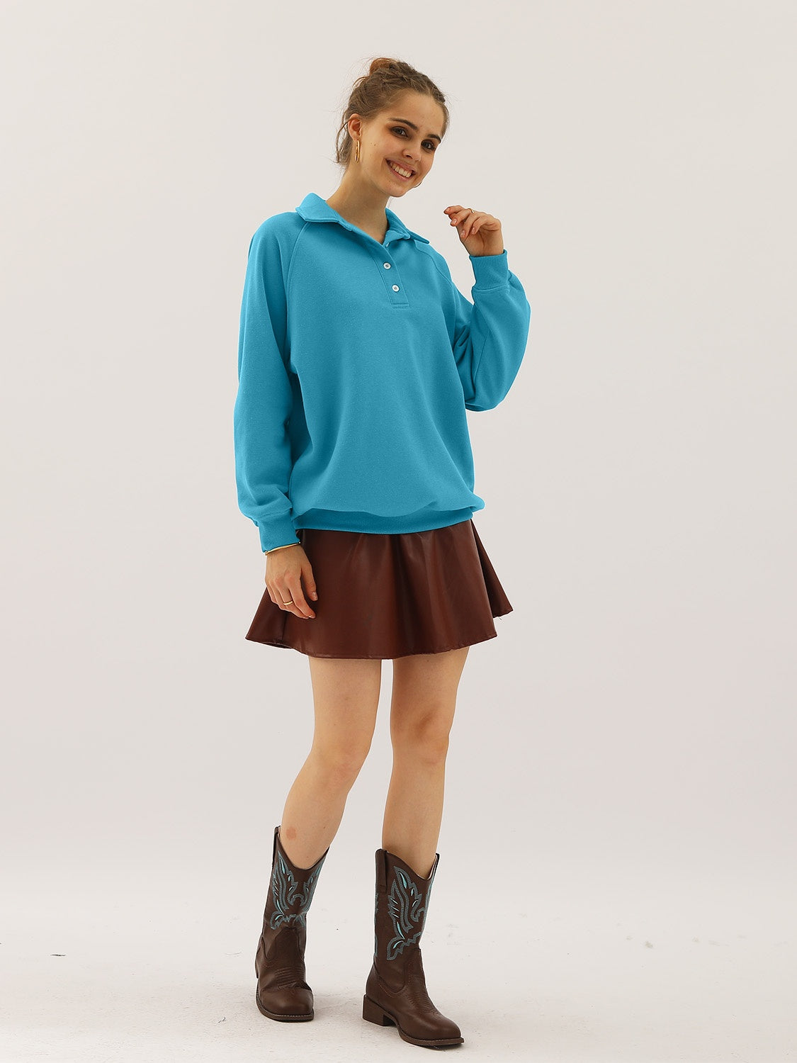 Ninexis Full Size Quarter-Button Collared Sweatshirt