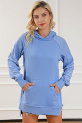 Exposed Seam Long Sleeve Slit Hoodie with Pocket