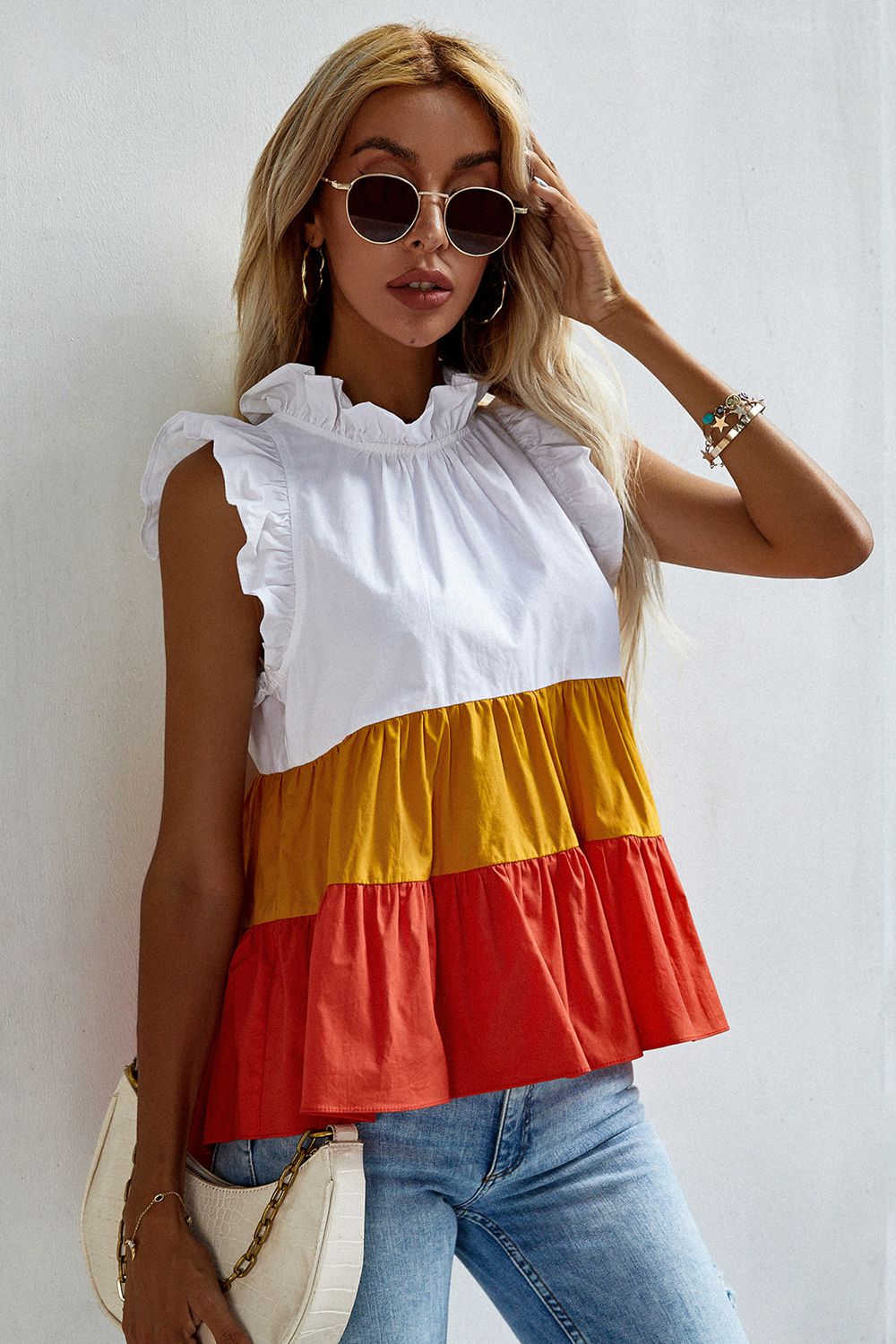 Ruffle Trim Mock Neck Sleeveless Color Block Tank Top