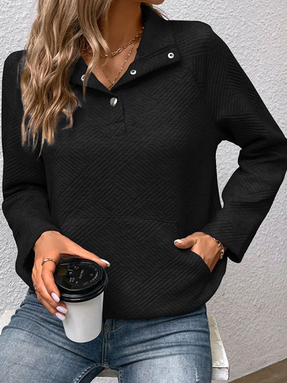 Half Buttoned Collared Neck Sweatshirt with Pocket