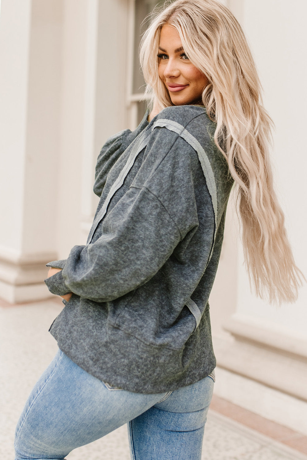 Double Take Acid Wash Round Neck Seam Detail Slit Sweatshirt