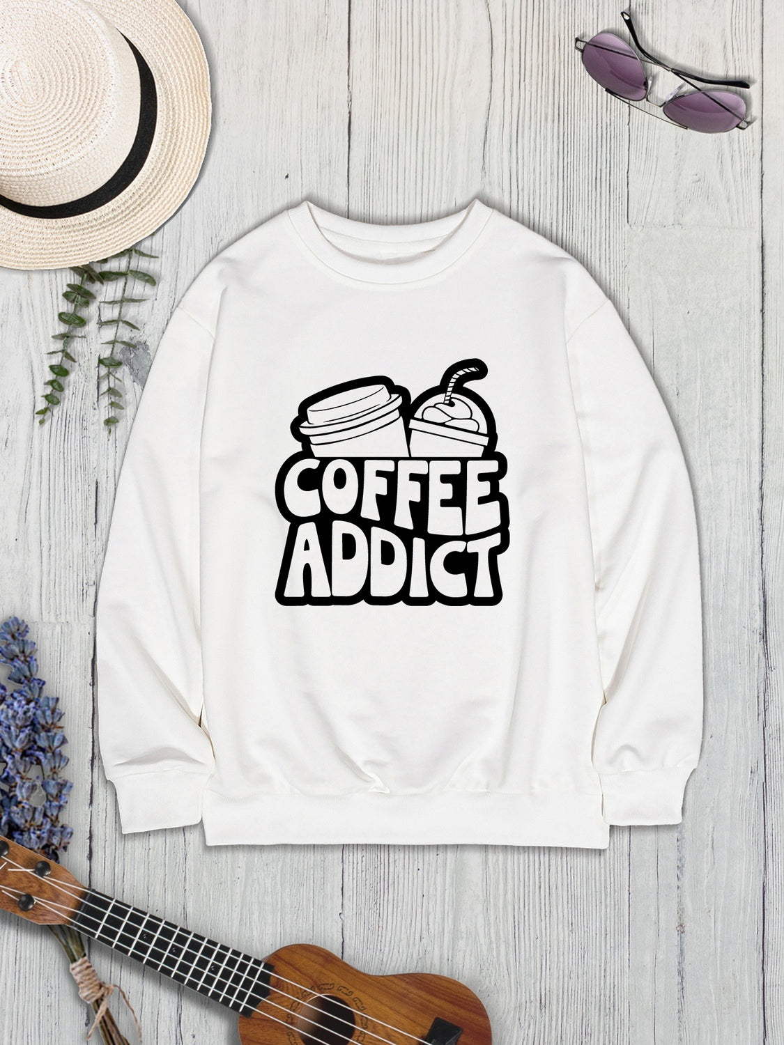 COFFEE ADDICT Round Neck Dropped Shoulder Sweatshirt