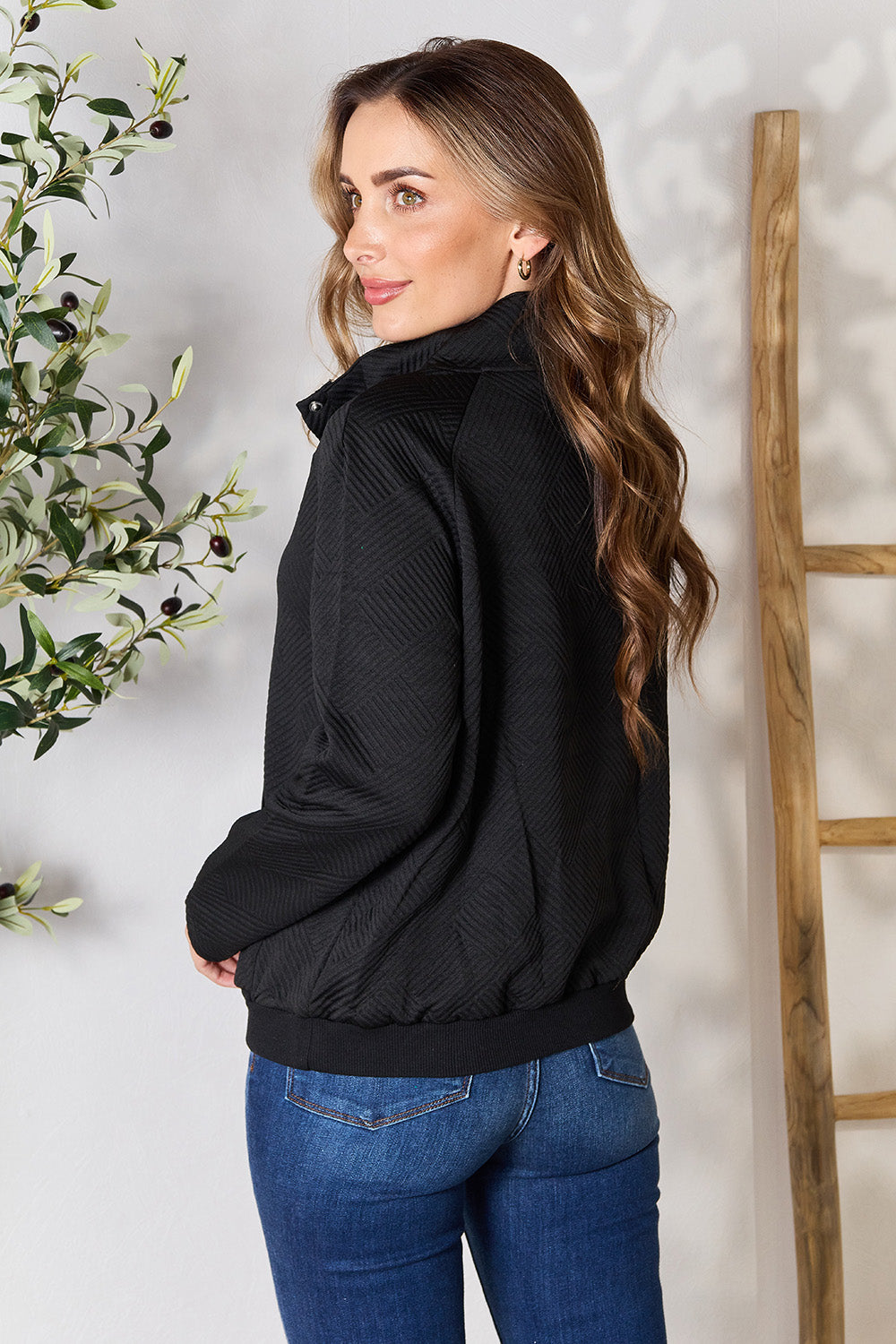 Half Buttoned Collared Neck Sweatshirt with Pocket