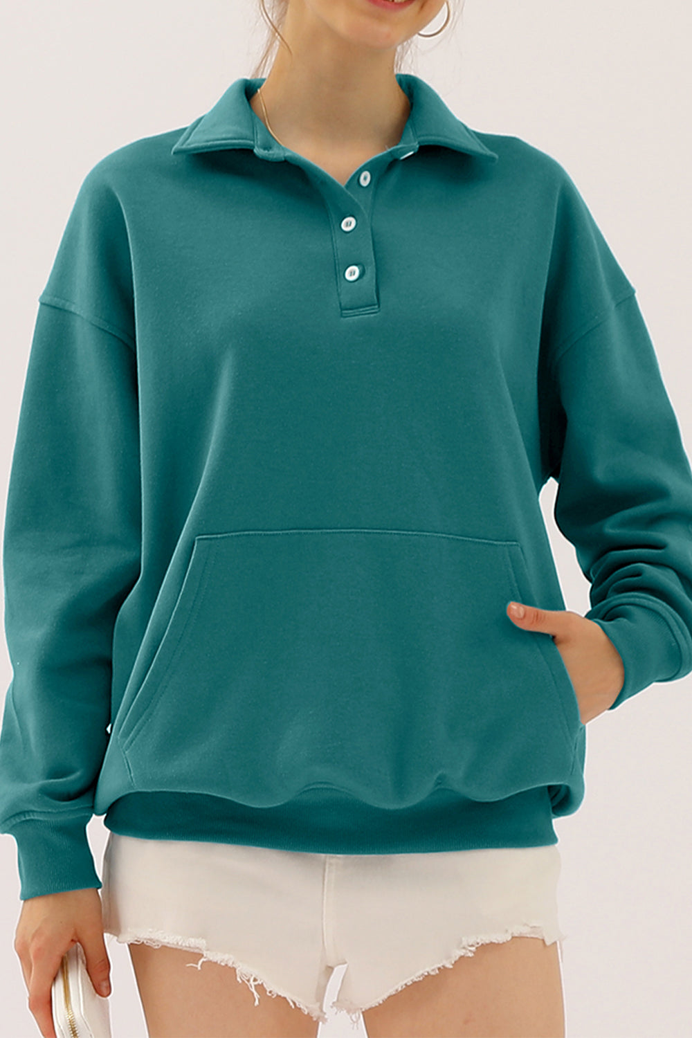 Ninexis Full Size Quarter-Button Collared Sweatshirt