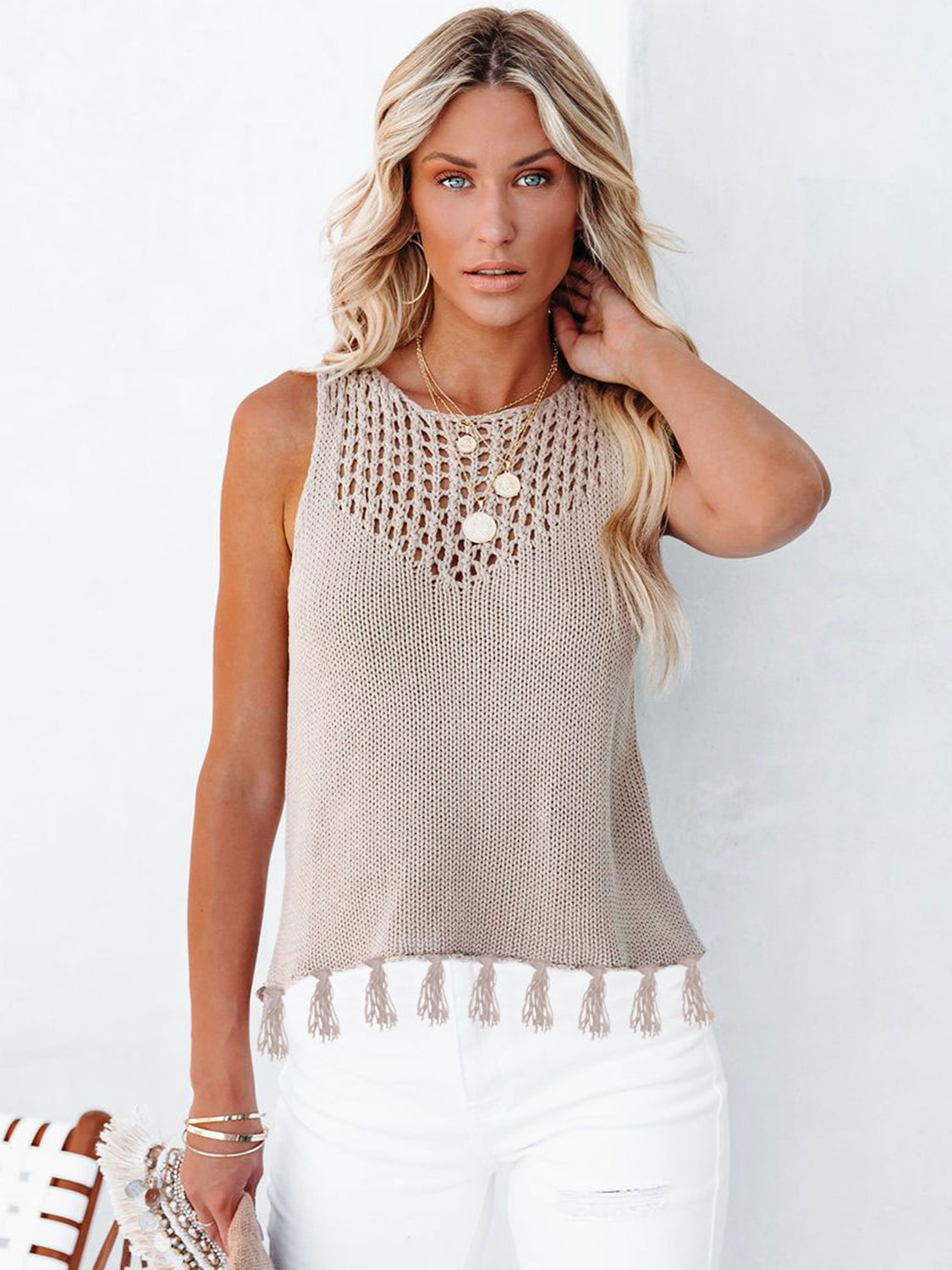 Cutout Tassel Round Neck Tank