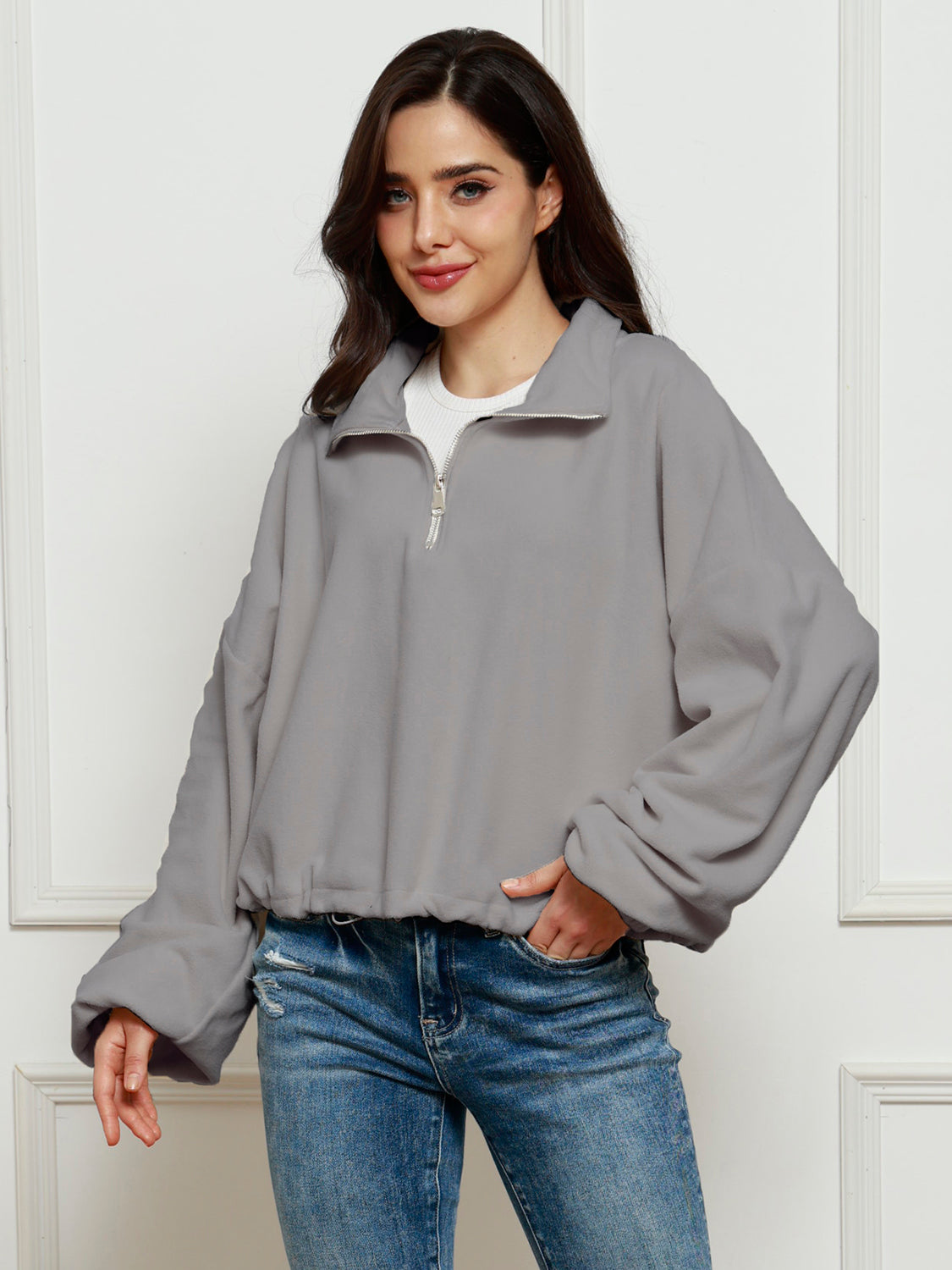 Half-Zip Collared Drop Shoulder Fleece Sweatshirt