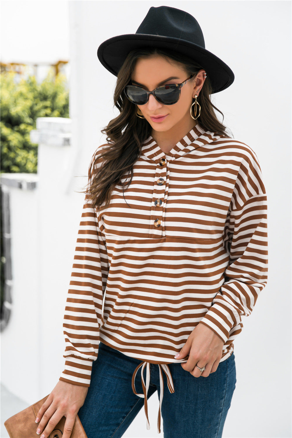 Striped Half-Button Dropped Shoulder Hoodie