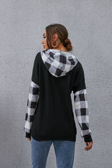 Plaid Drawstring Dropped Shoulder Hoodie