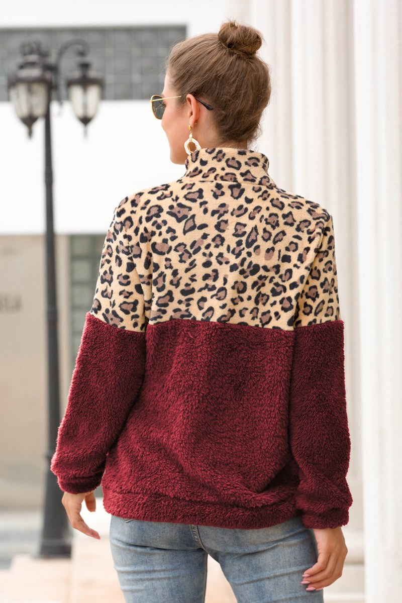 Leopard Zip-Up Turtle Neck Dropped Shoulder Sweatshirt