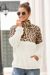 Leopard Zip-Up Turtle Neck Dropped Shoulder Sweatshirt