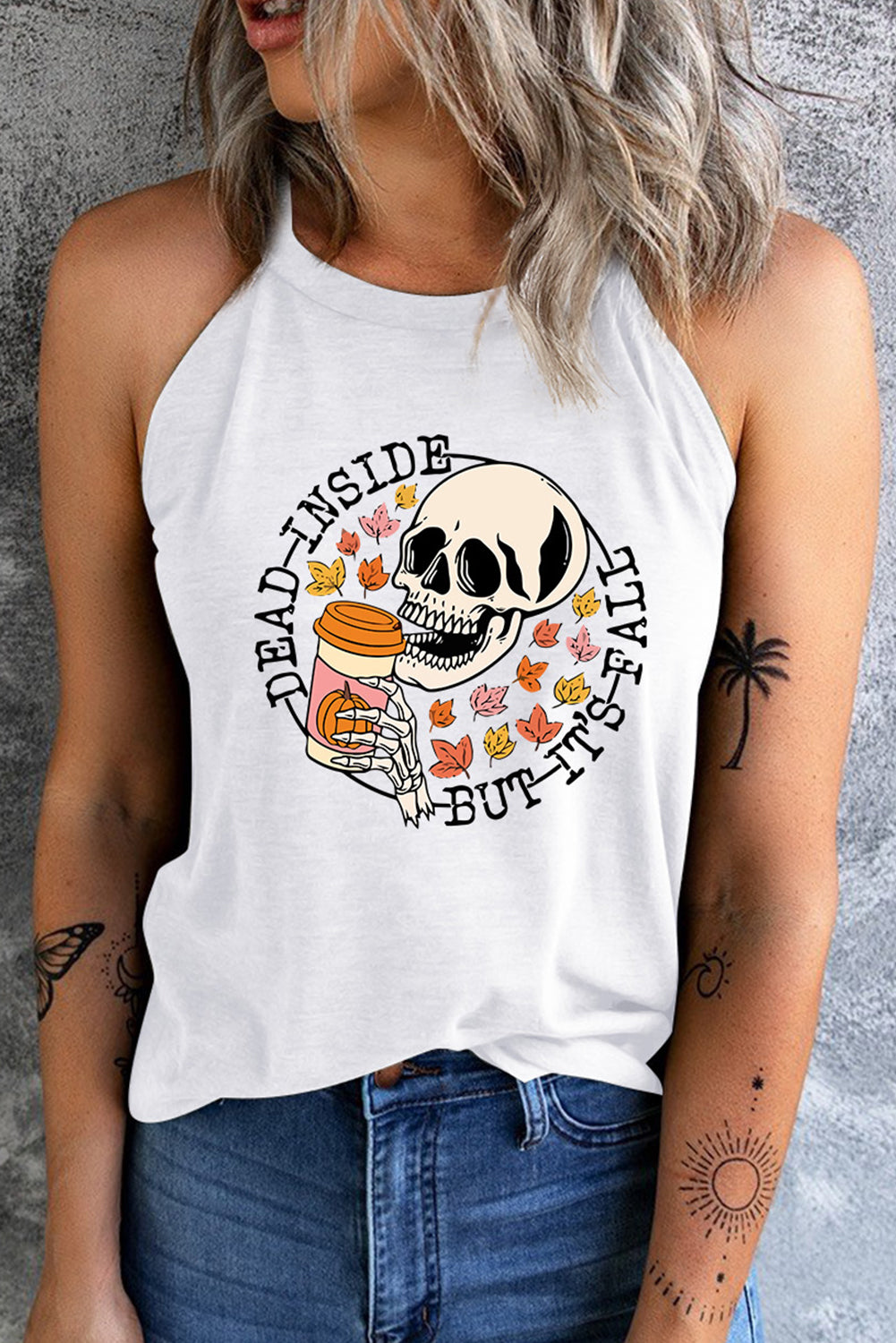 Round Neck DEAD INSIDE BUT IT'S FALL Graphic Tank Top