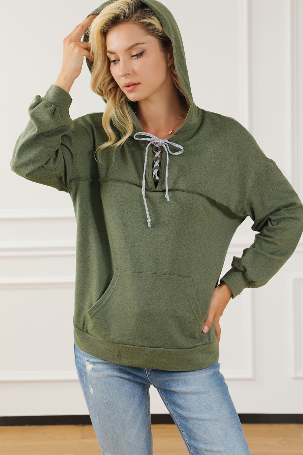 Lace-Up Exposed Seam Hoodie with Pocket