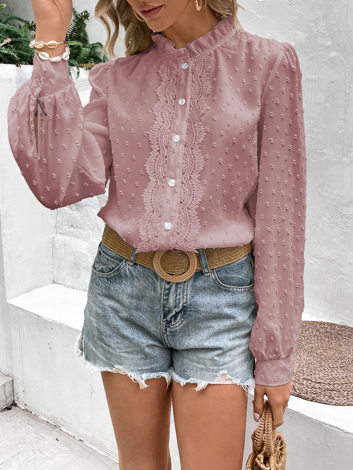 Swiss Dot Lace Trim Long Sleeve Shirt