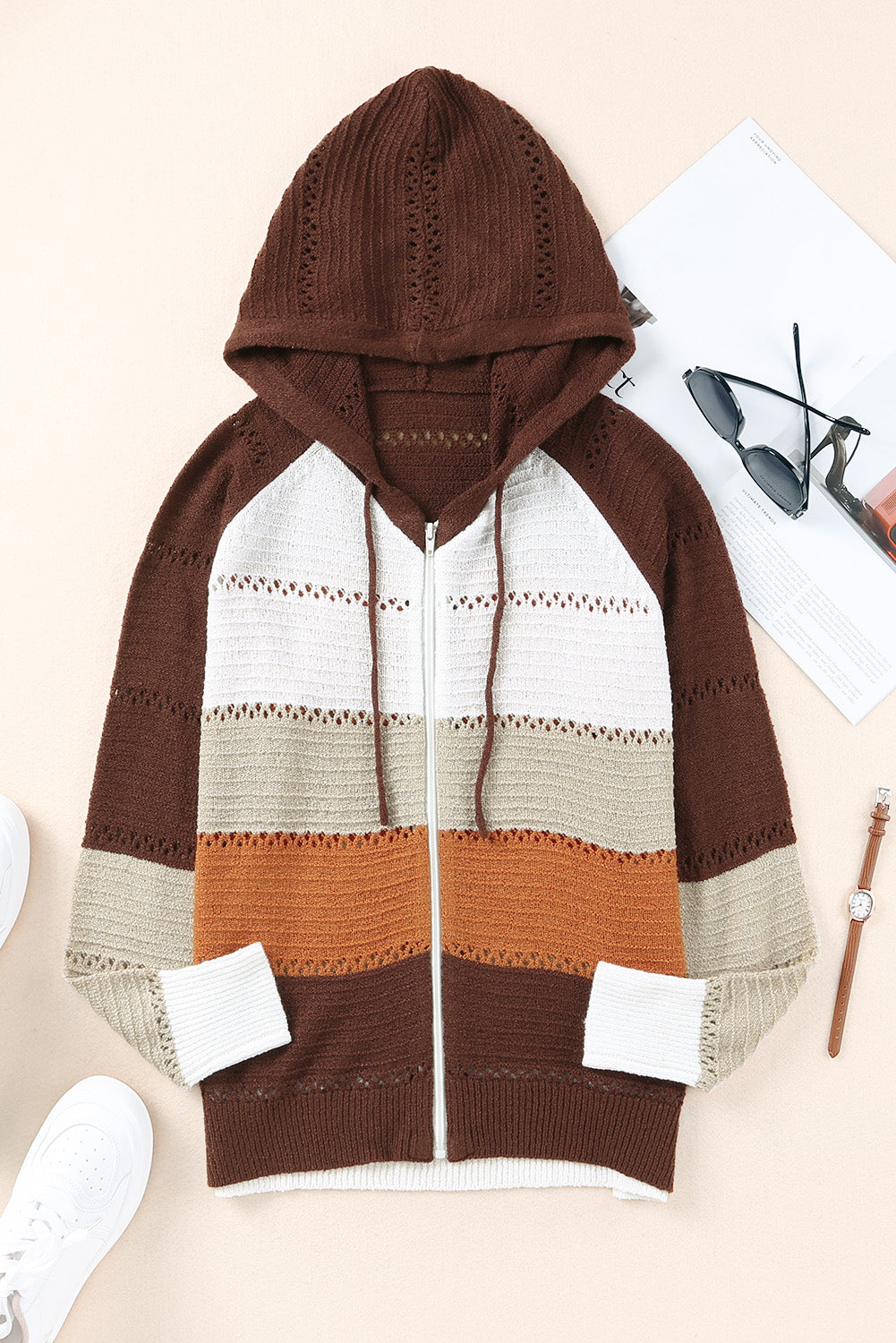 Zip-Up Raglan Sleeve Openwork Hooded Cardigan