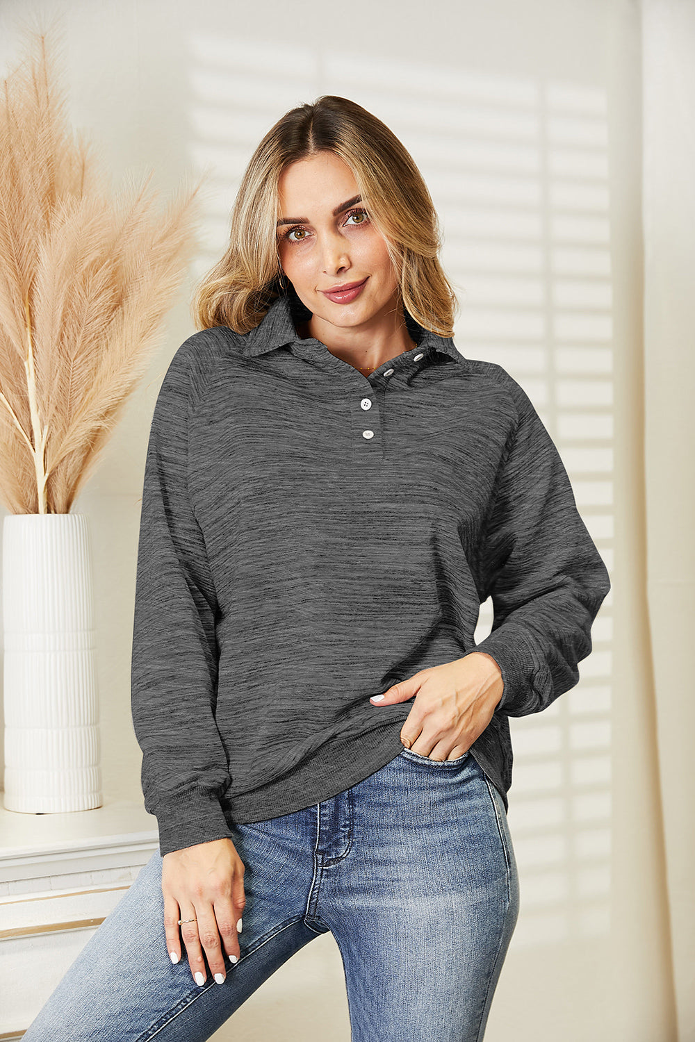 Ninexis Full Size Quarter-Button Collared Sweatshirt