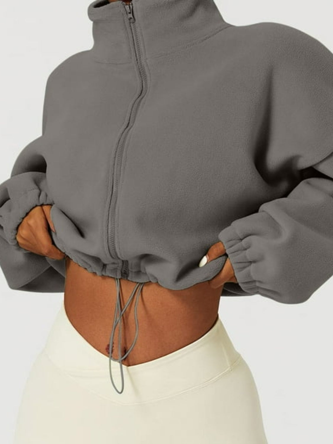 Drawstring Zip Up Dropped Shoulder Sweatshirt