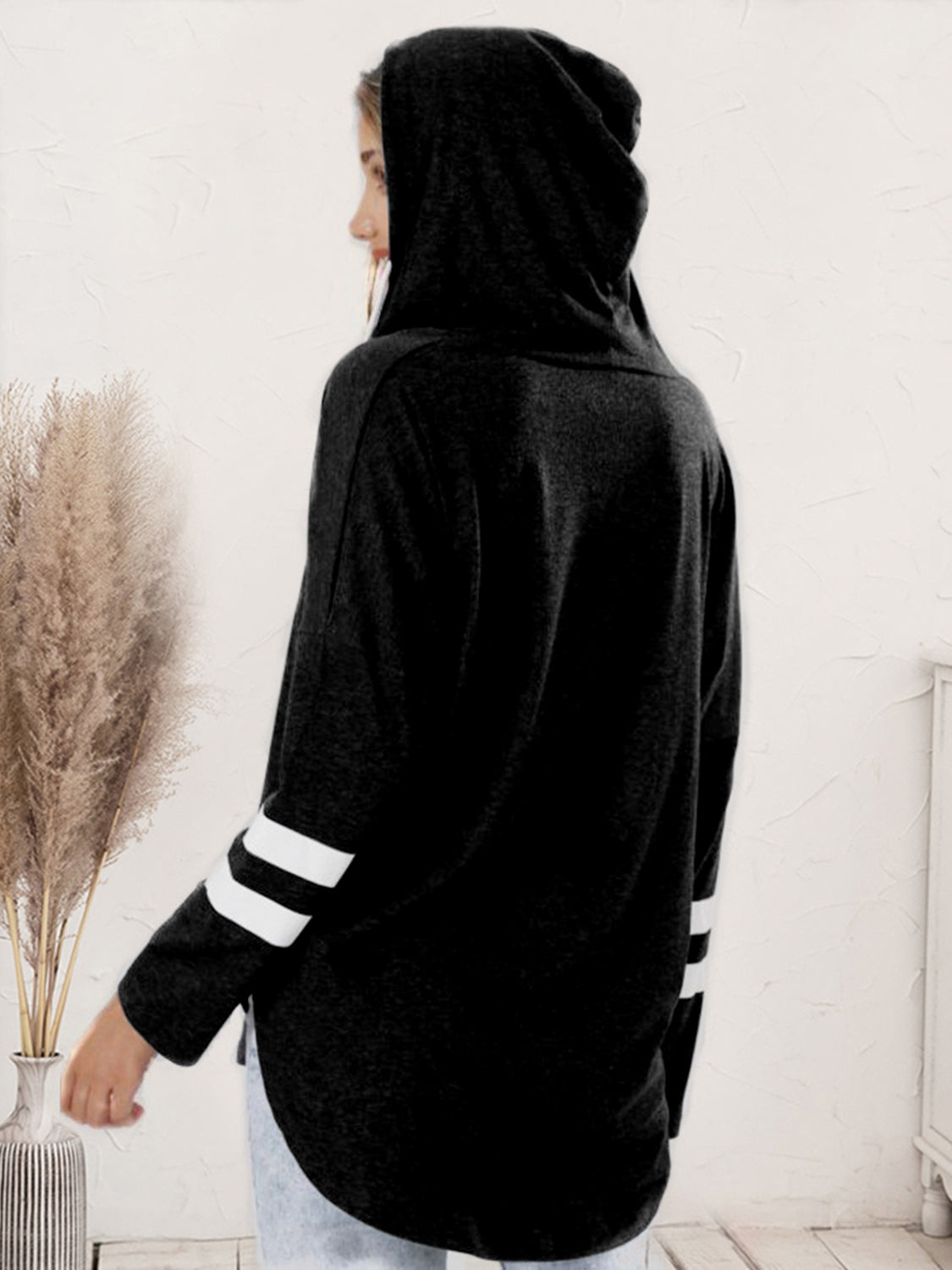 Striped V-Neck Drastring Hoodie