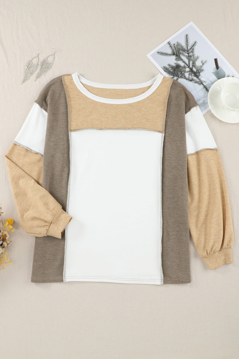 Color Block Exposed Seam Boat Neck Sweatshirt