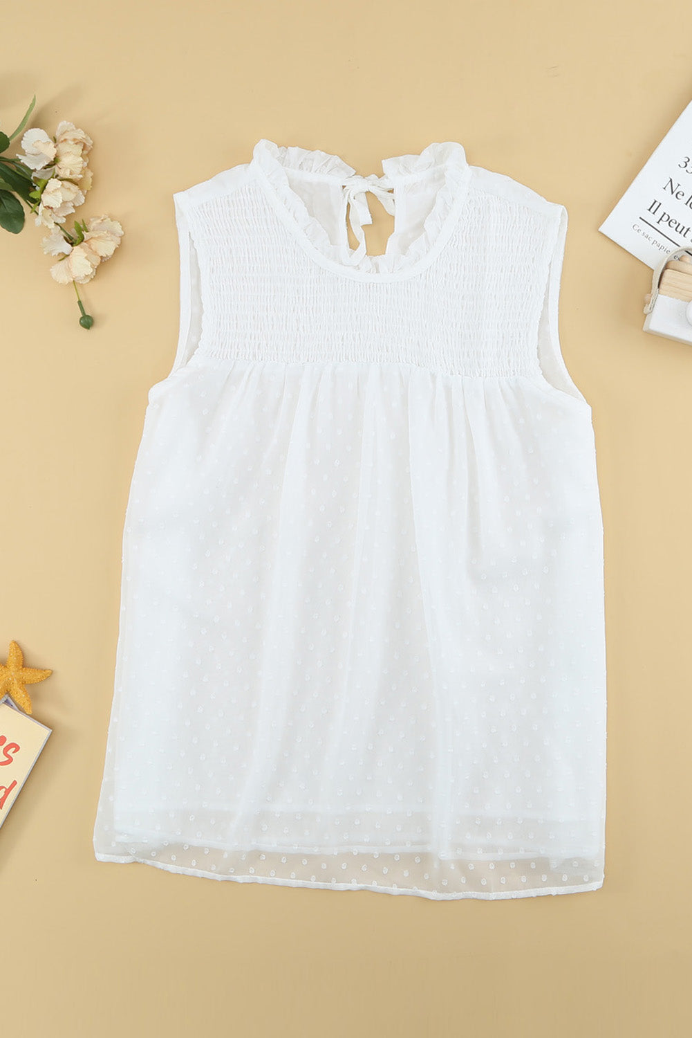 Smocked Frill Swiss Dot Round Neck Tank