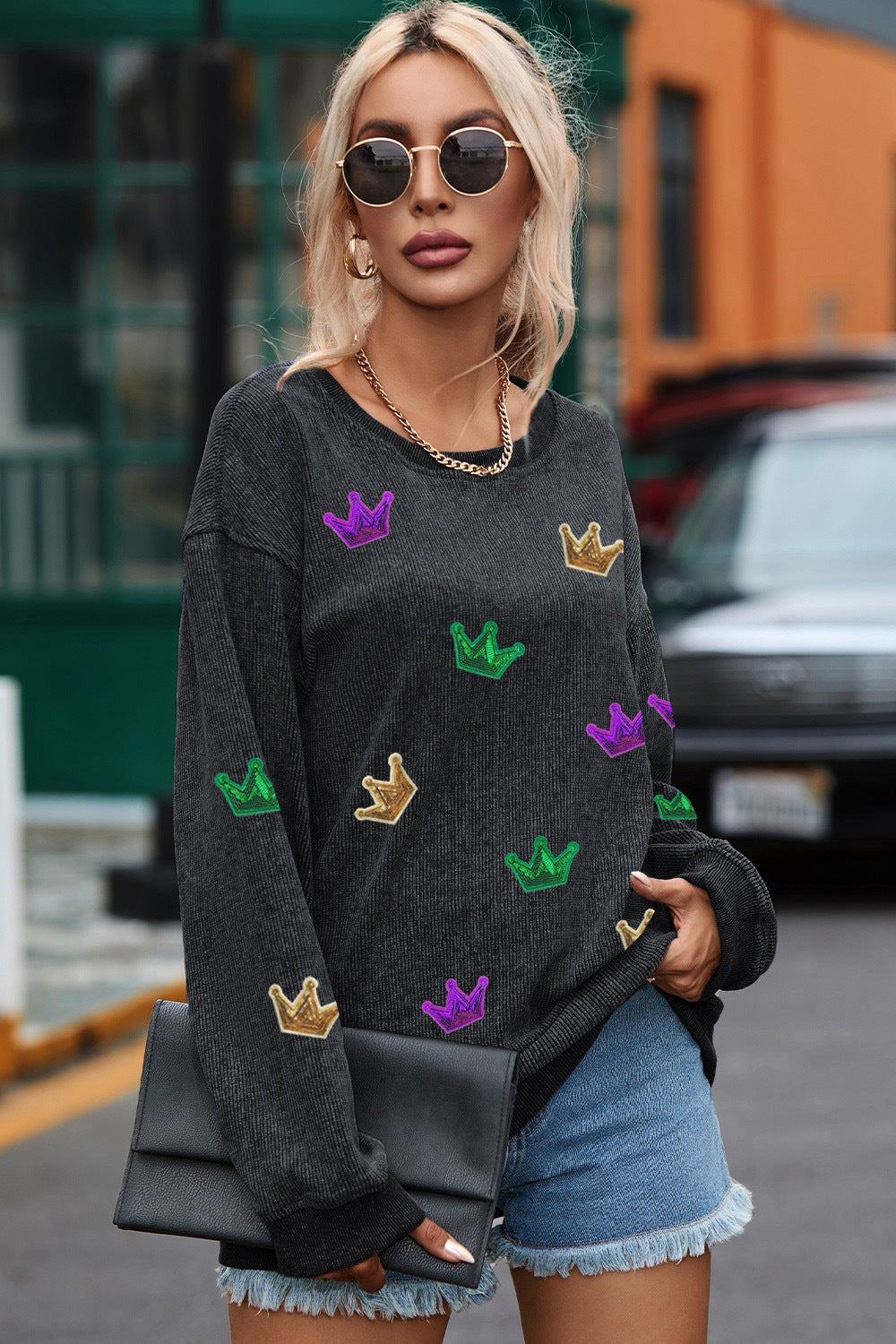 Crown Sequin Round Neck Sweatshirt