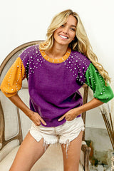 BiBi Color Block Pearl Detail Round Neck Sweater