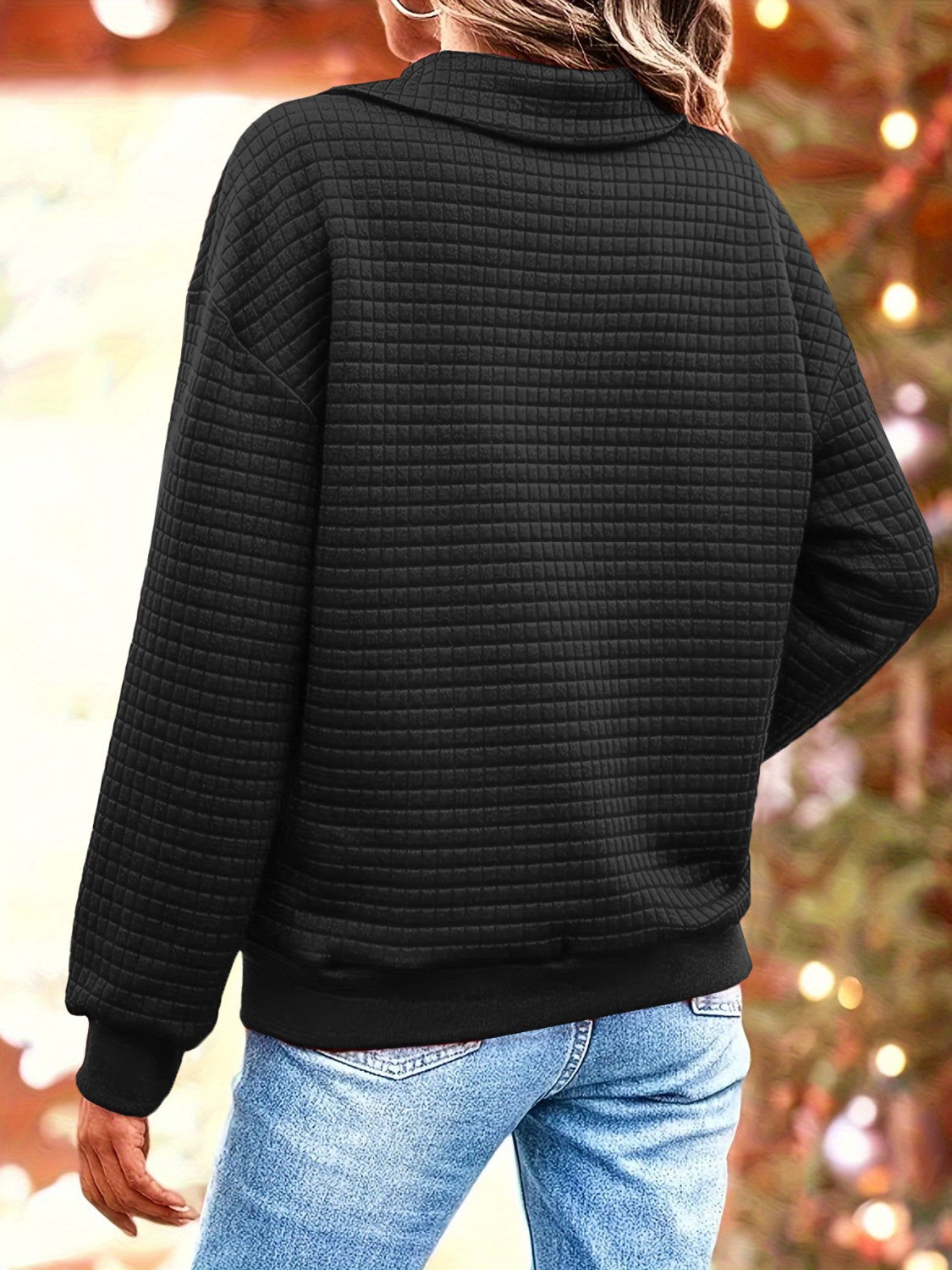 Waffle-Knit Collared Neck Long Sleeve Sweatshirt