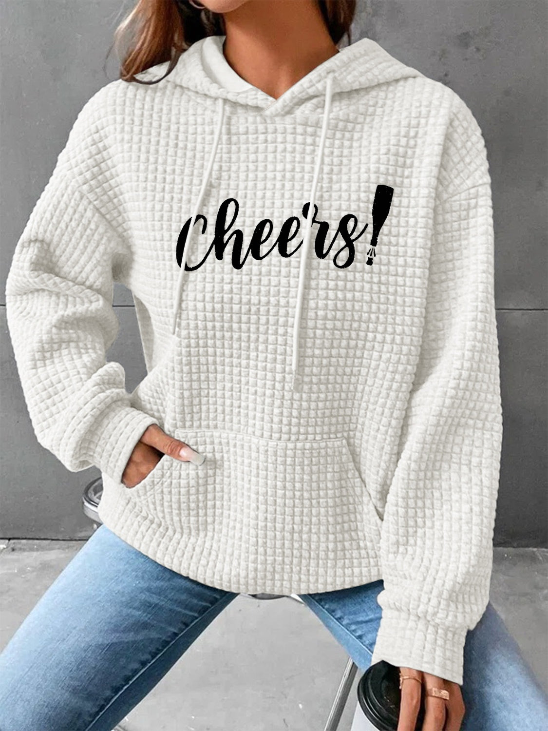 Full Size CHEERS Waffle-Knit Drawstring Hoodie