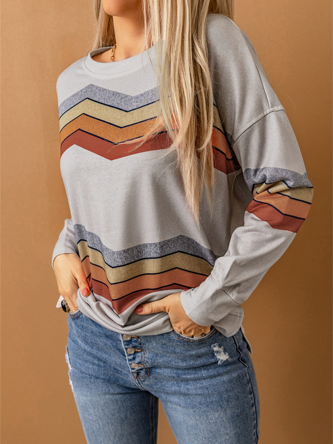 Striped Dropped Shoulder Slit Sweatshirt