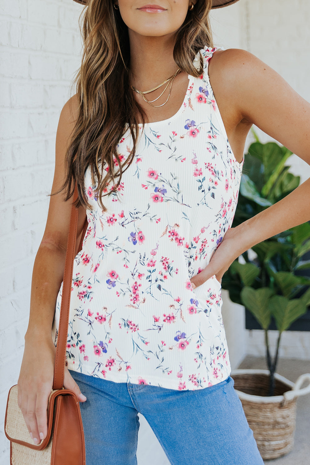 Floral Ruffle Strap Ribbed Tank