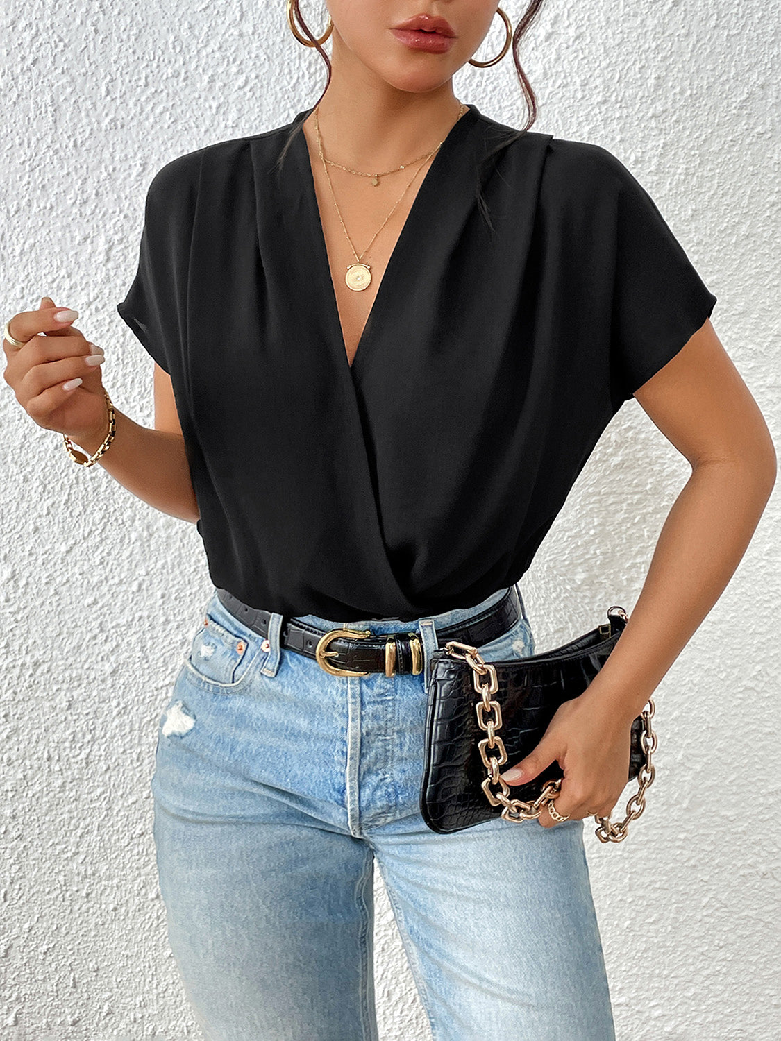 Surplice Short Sleeve Ruched Bodysuit