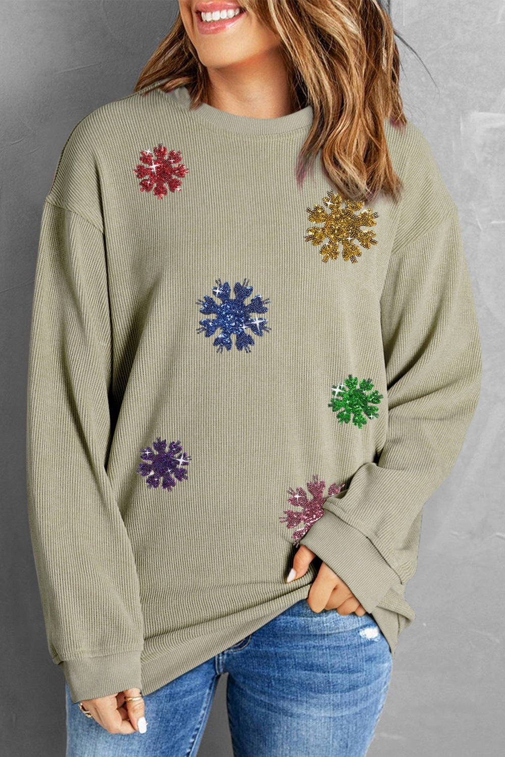 Sequin Snowflake Round Neck Sweatshirt