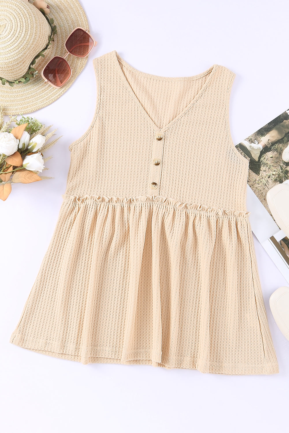 Decorative Button V-Neck Waffle-Knit Babydoll Tank