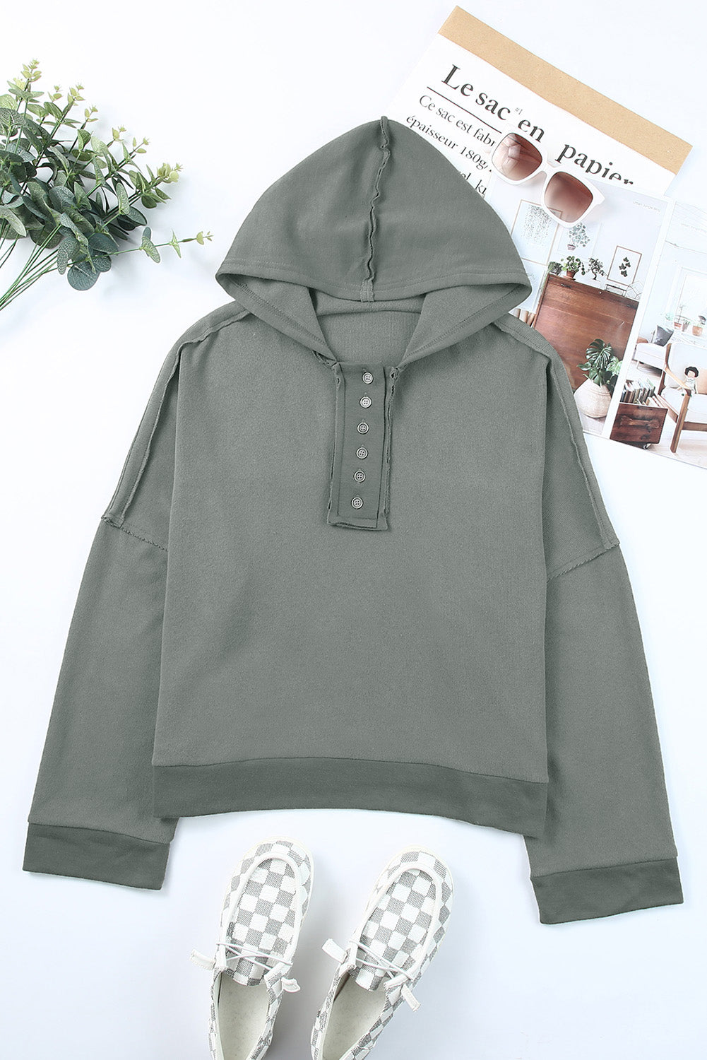 Quarter-Button Exposed Seam Dropped Shoulder Hoodie