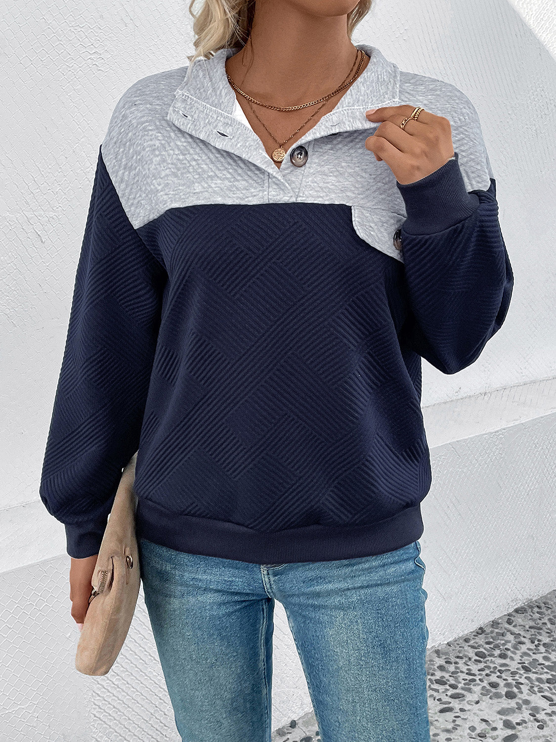 Textured Contrast Half Button Sweatshirt