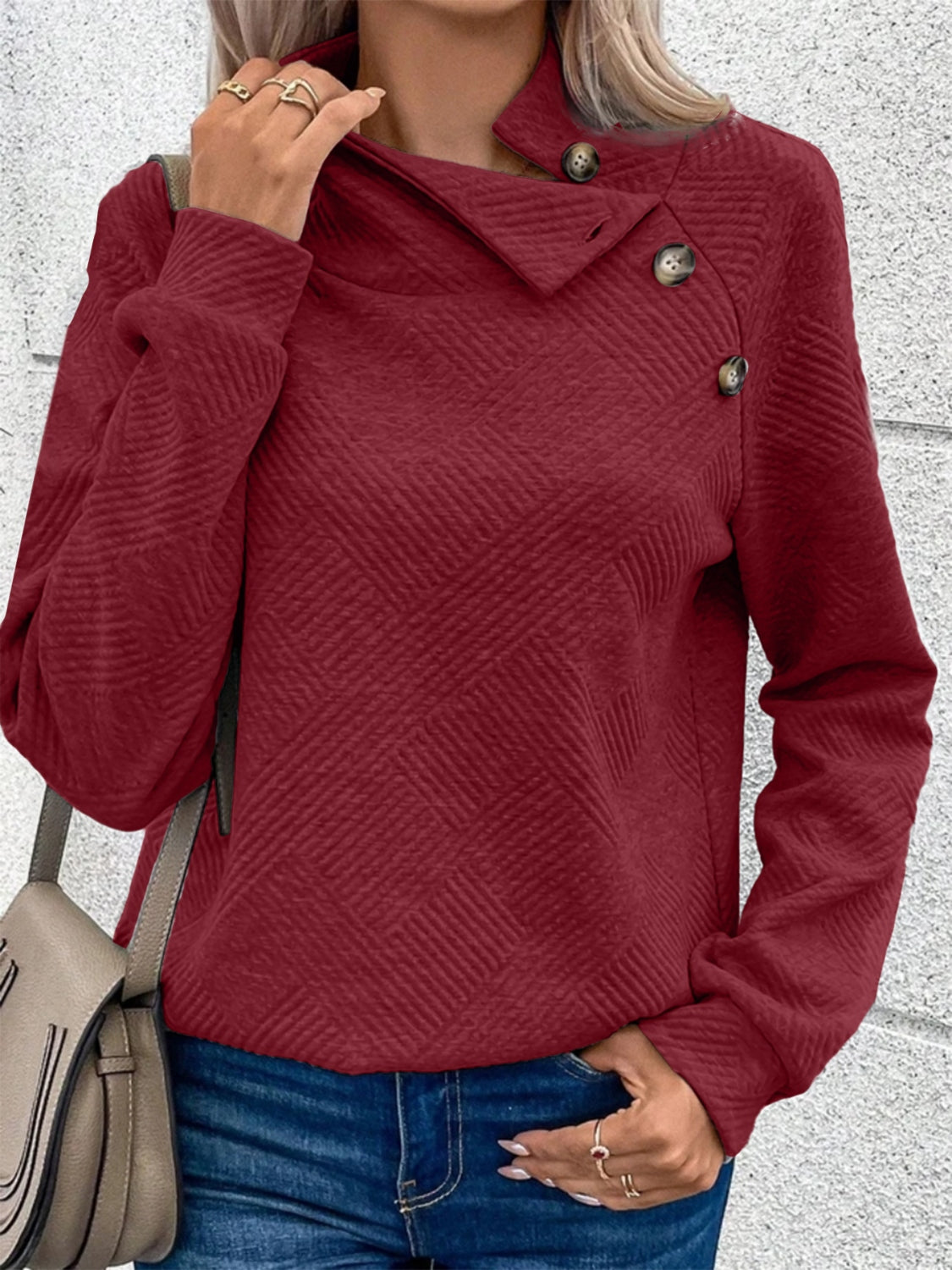 Buttoned Mock Neck Long Sleeve Sweatshirt