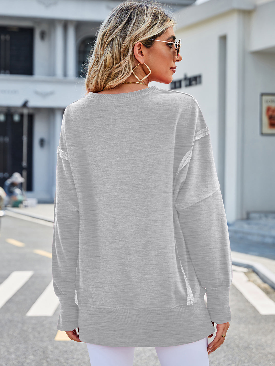 Exposed Seam High-Low Round Neck Sweatshirt