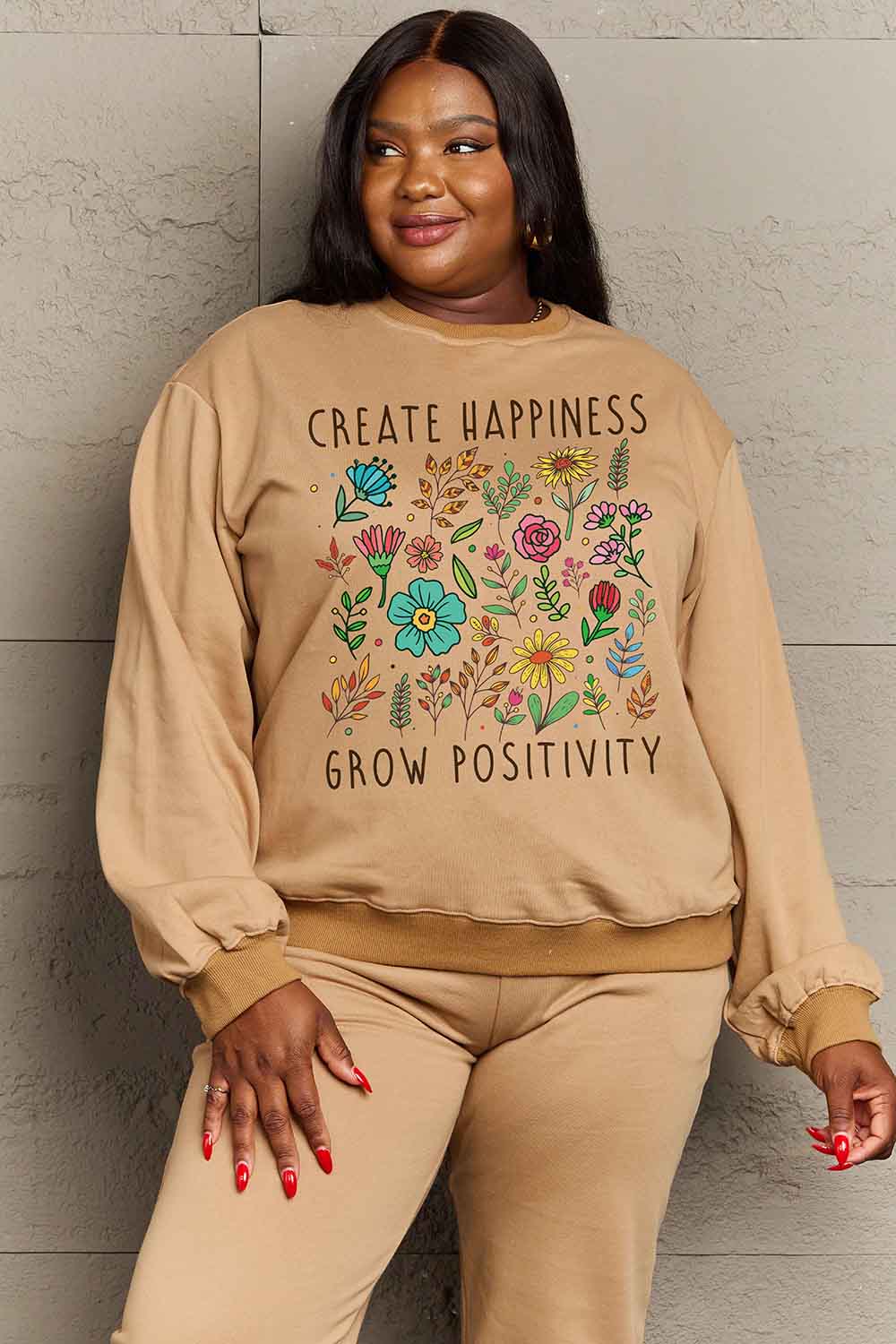 Simply Love Full Size CREATE HAPPINESS  GROW POSITIVITY Graphic Sweatshirt