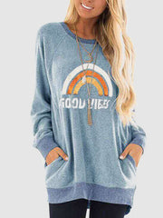 Rainbow Graphic Round Neck Sweatshirt with Pockets