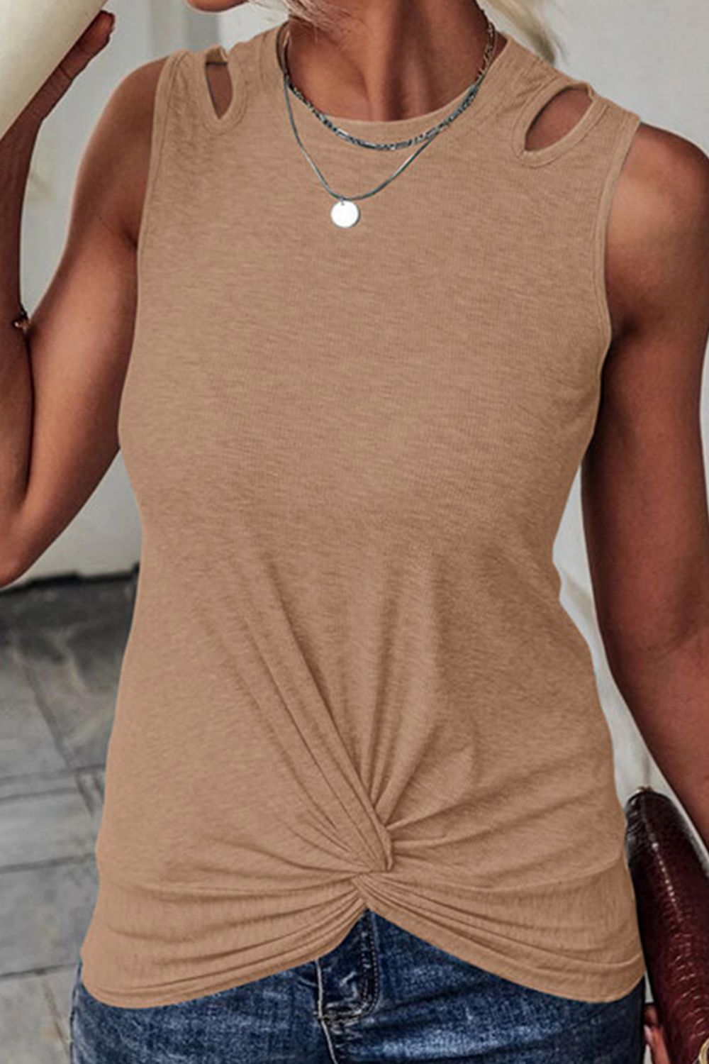 Twisted Hem Cutout Round Neck Tank