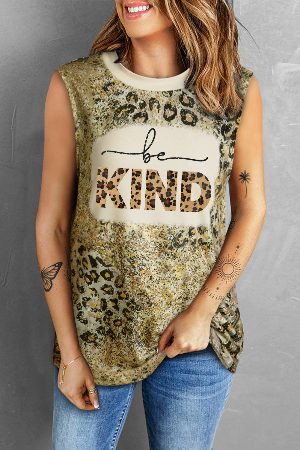 BE KIND Graphic Leopard Round Neck Tank