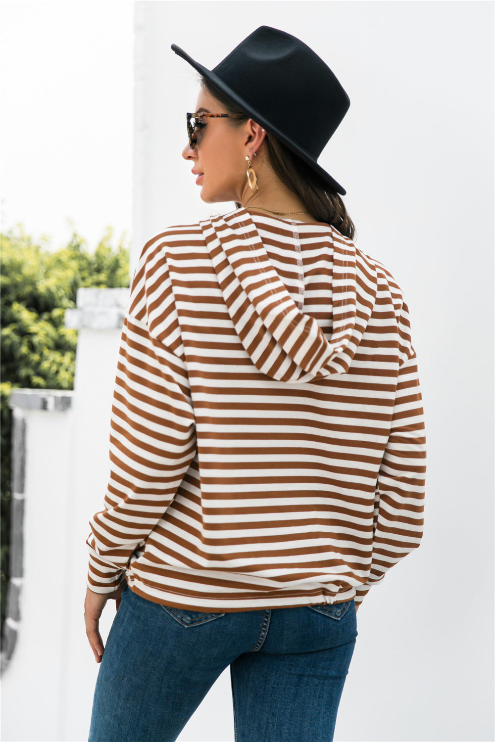 Striped Half-Button Dropped Shoulder Hoodie