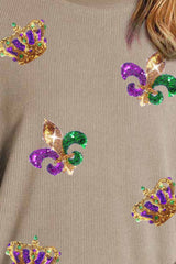 Mardi Gras Sequin Round Neck Dropped Shoulder Sweatshirt