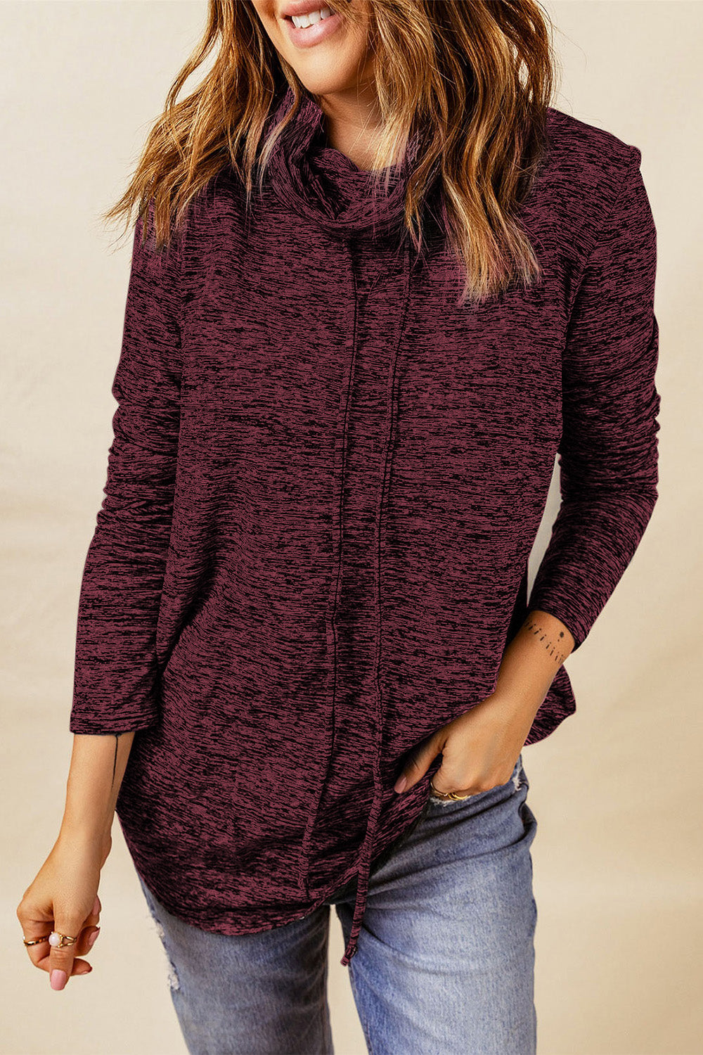 Heathered Drawstring Mock Neck Sweatshirt