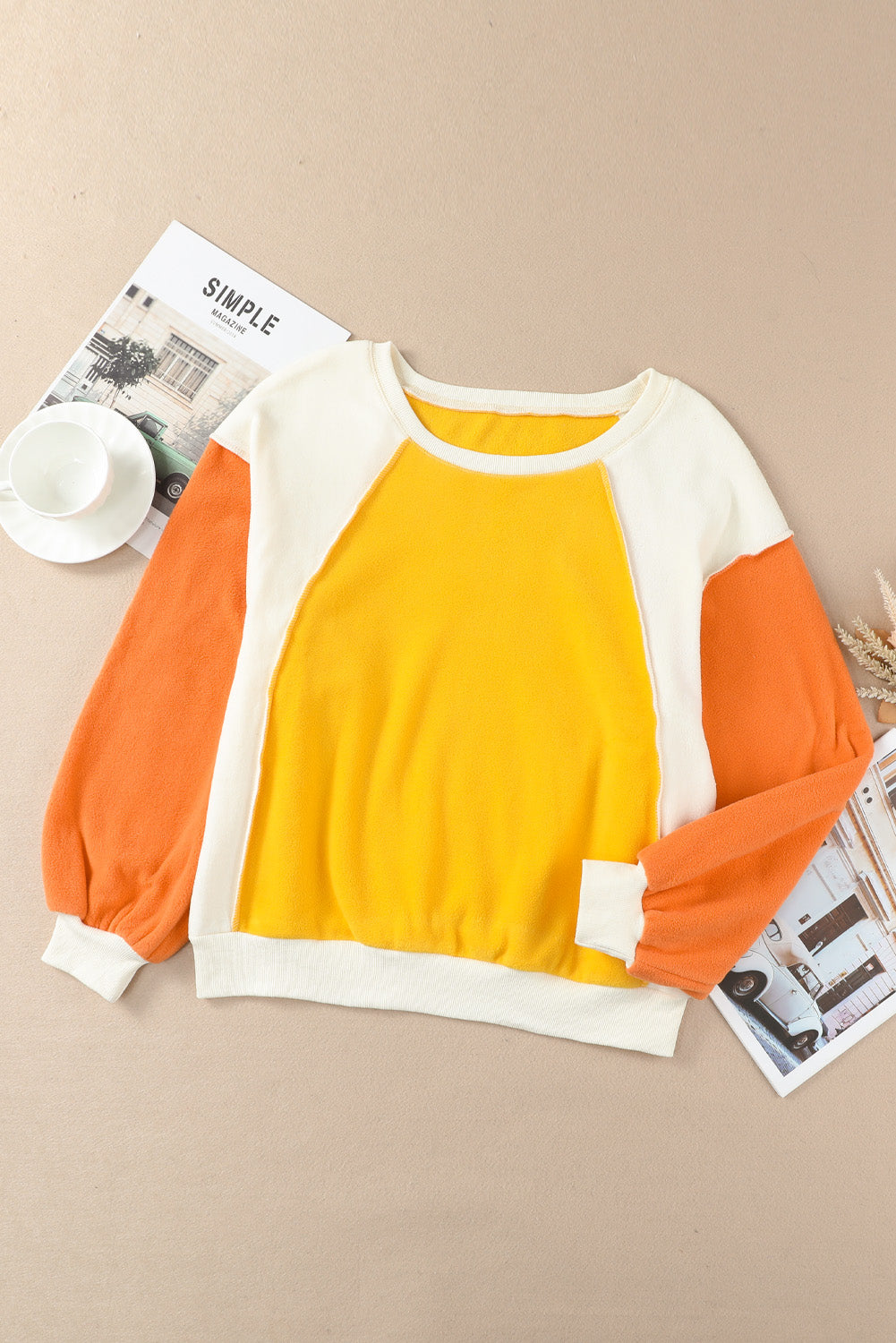 Round Neck Dropped Shoulder Color Block Sweatshirt