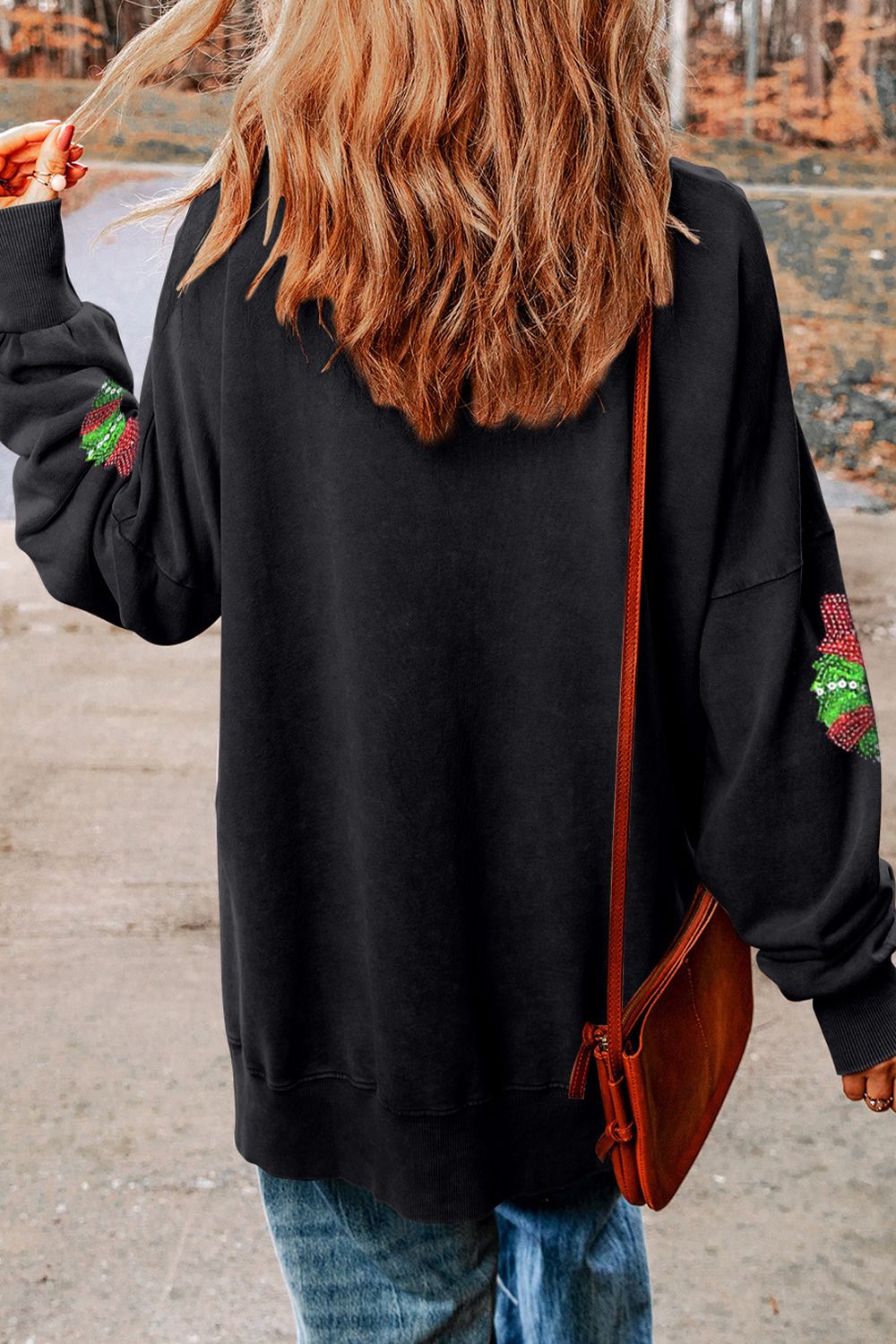 Sequin Christmas Element Round Neck Slit Sweatshirt