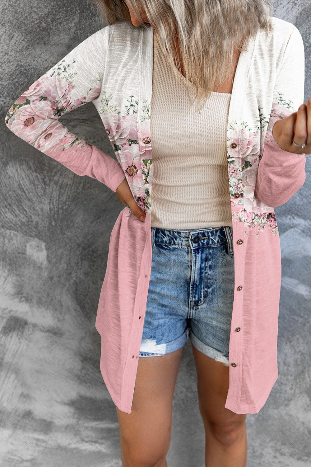 Printed Button Up Long Sleeve Cardigan