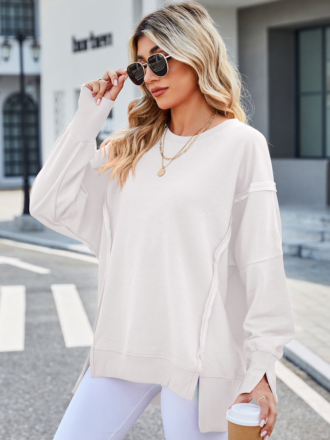 Exposed Seam High-Low Round Neck Sweatshirt