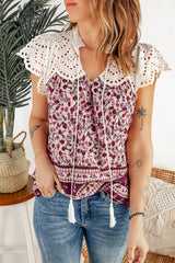 Floral Tassel Tie Eyelet Blouse